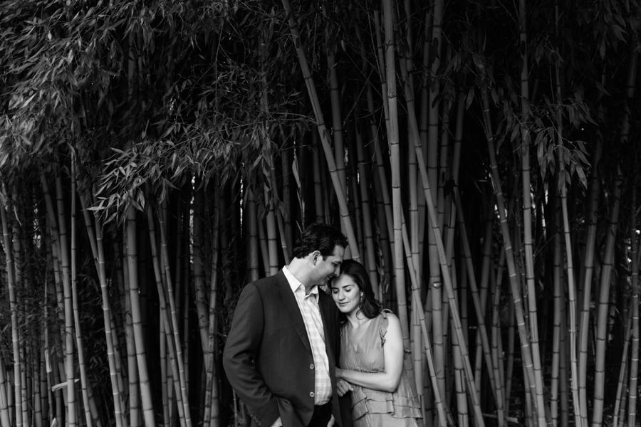 Couple embracing in the bamboo forest at Wing Haven Gardens in Charlotte NC