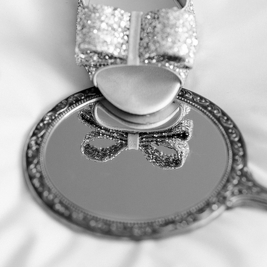 Bride's shoe reflecting in mirror at First United Methodist Church in Charlotte NC
