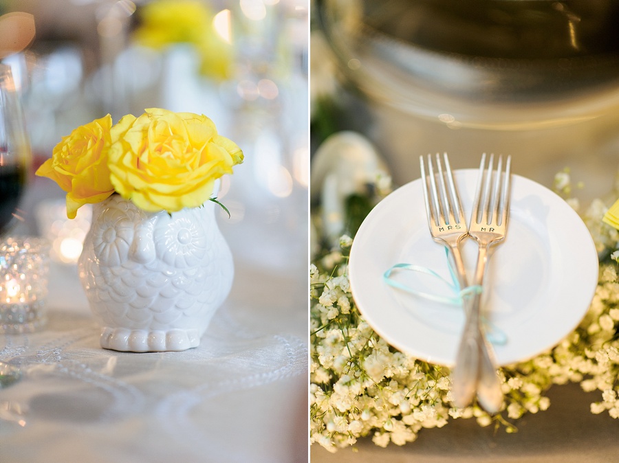 Table details of yellow roses and Mr & Mrs forks at Foundation for the Carolinas in Charlotte NC