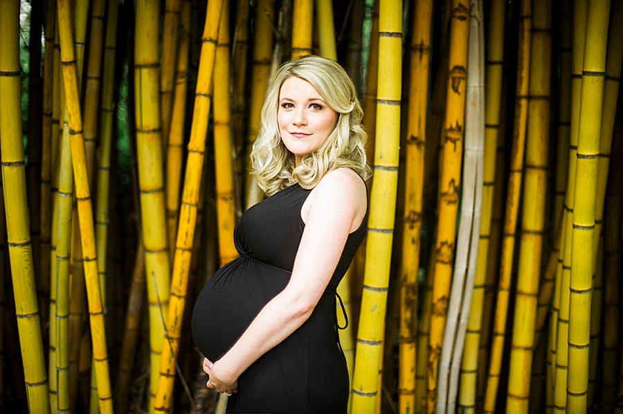 Pregnant woman stands in front of bamboo forest at Wing Haven Gardens in Charlotte NC