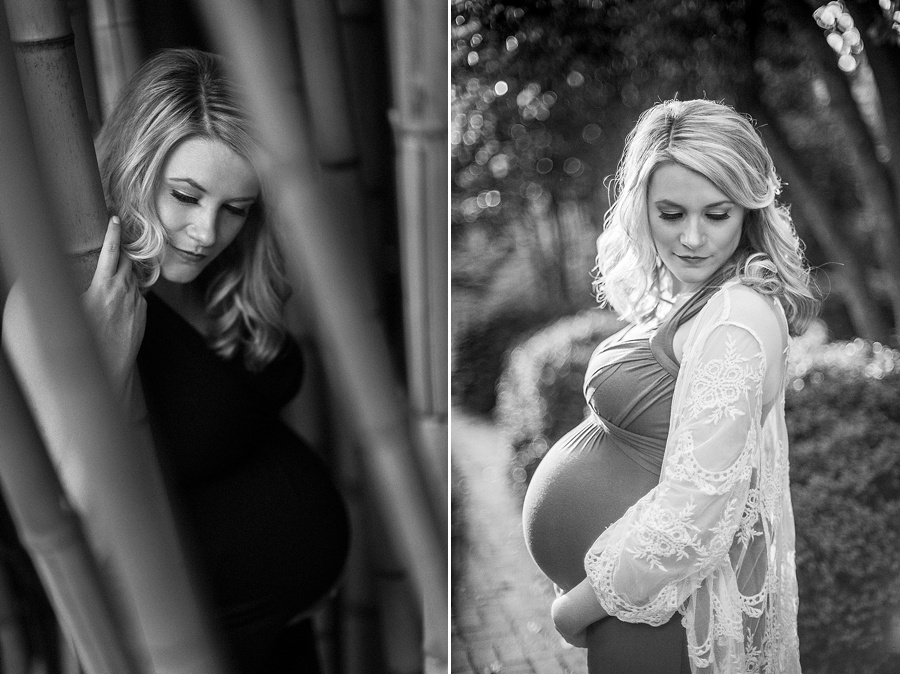 Pregnant mom poses for maternity photos at Wing Haven Gardens in Charlotte NC