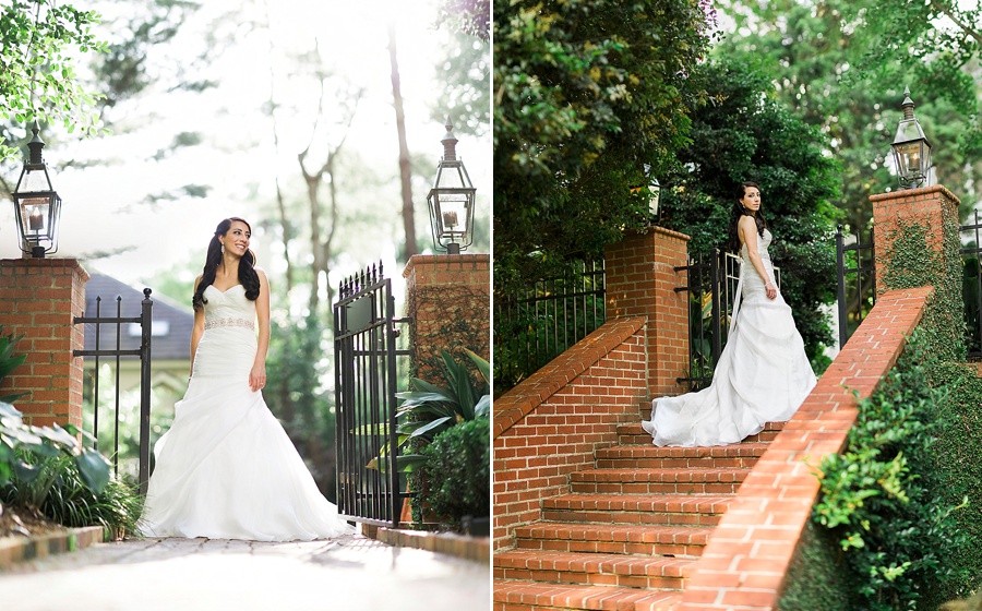 Bride on brick stairs of the Duke Mansion in Charlotte NC