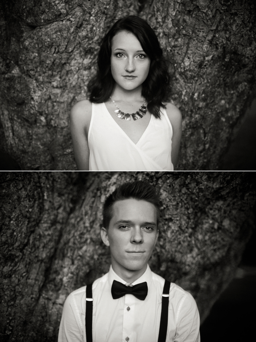 B&W headshots of man and woman in front of a tree in Charlotte NC