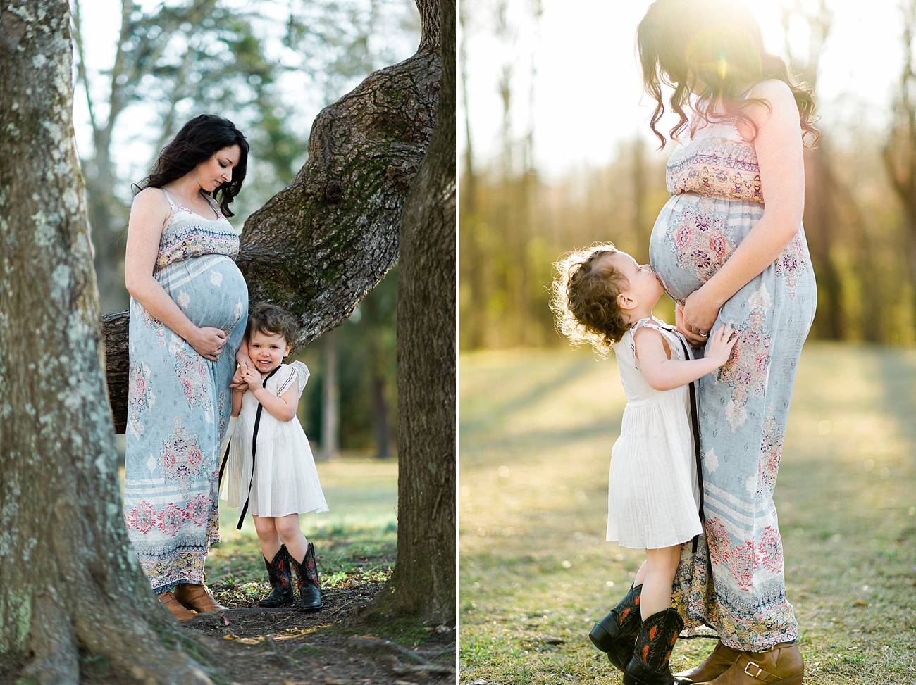 a little girl snuggles up to her mother and kisses her belly during her maternity shoot at Westminster Park, Rock Hill, SC
