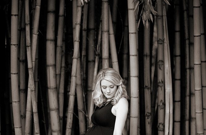 Expectant mother stands in front of bamboo forest at Wing Haven Gardens in Charlotte NC