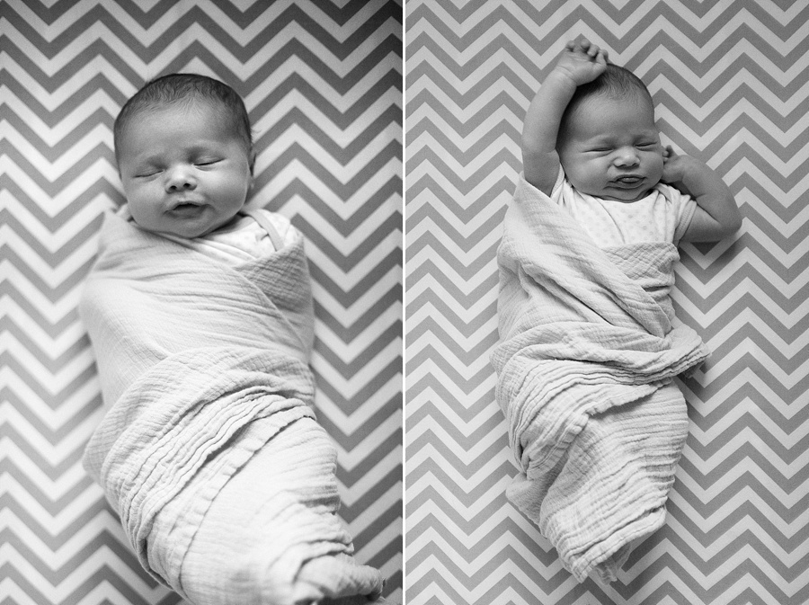 Baby swaddled in crib with chevron sheets in Charlotte NC