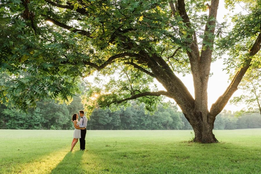 Man and woman embracing in field by a large tree in Charlotte NC