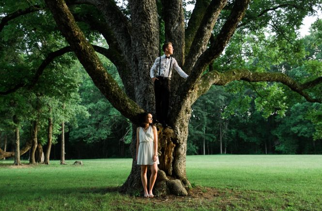 Man and woman in tree in a park in Charlotte NC