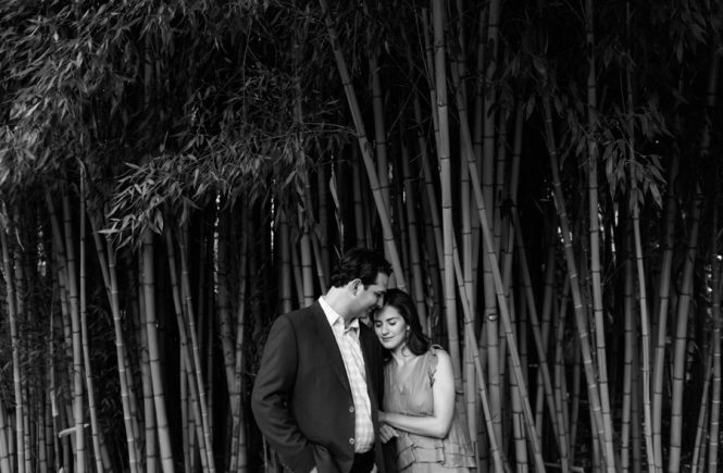 Couple in bamboo forest at Wing Haven Gardens in Charlotte NC