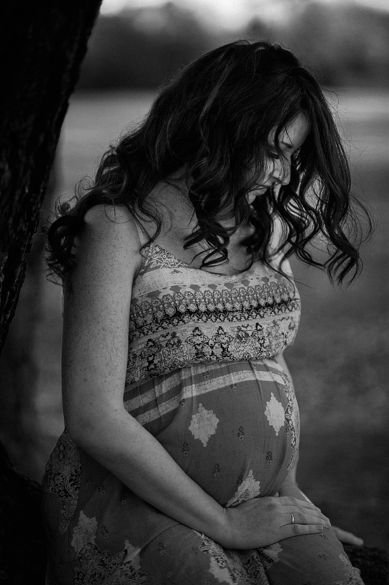 dramatic black and white maternity photo at Westminster Park, Rock Hill, SC